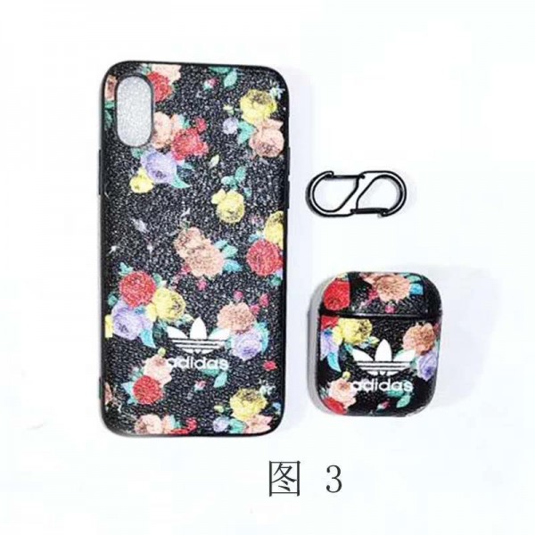 ADIDAS ブランド iphone13/12/12 mini/12 pro/12 pro maxケース 花柄 ジャケット型 AirPods 1/2/Proケース アディダス iPhone 11/11 pro/11 pro maxケース カラビナ付き ビジネス ストラップ付き シンプル ペアお揃い アイフォンx/xs/xr/8 plus/7ケース おまけつき レディース