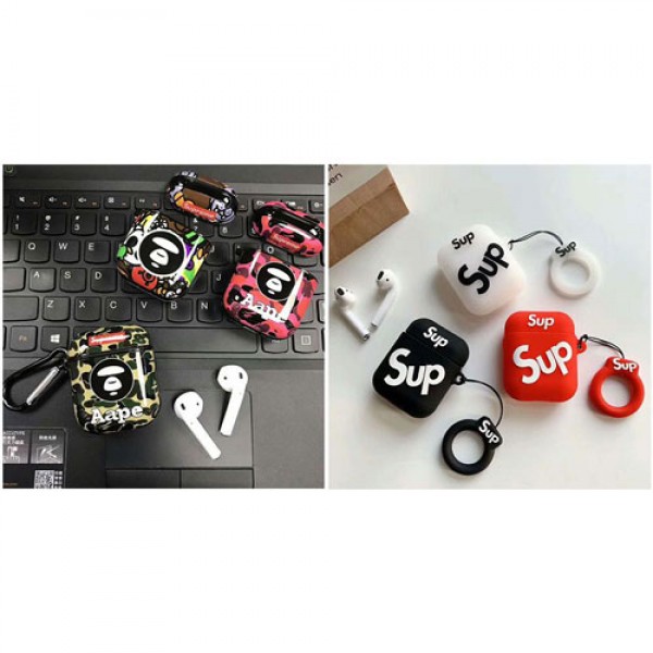 Supreme/シュプリームブランド AirPods 1/2/ProケースAape 運動風 ワイヤレス airpodsカバー エーエイプ全面保護 オシャレ脱着簡単 エアーポッズ プロ イヤホーンケース 充電対応 カラビナ付き落下防止モノグラム 防水シリコン製 防塵