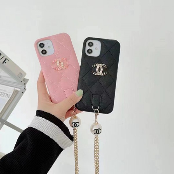 Chanel/シャネルブランド iphone13/13mini/13promaxケースレザー製ジャケット型 アイフォ12/12mini/12Promaxカバー女性向けチエーン付き激安ショルダーIPHONE11/11promax/se2/x/8/7ケース真珠デザイン韓国風ファション大人気