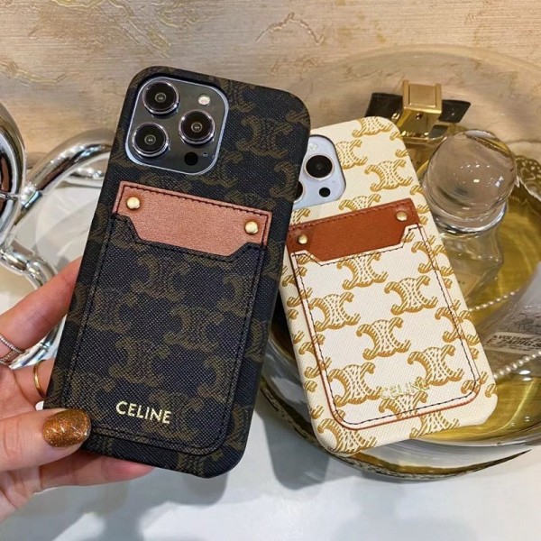 CELINE セリーヌiphone 15/14 pro/15 pro max xs/8/7 plusカバー ストラップ付 カード入れiphone 14 15 plusケースカバースタンド付きセレブ愛用全機種対応ハイブランドケース パロディiphone14/13 pro max スマホケース コピー