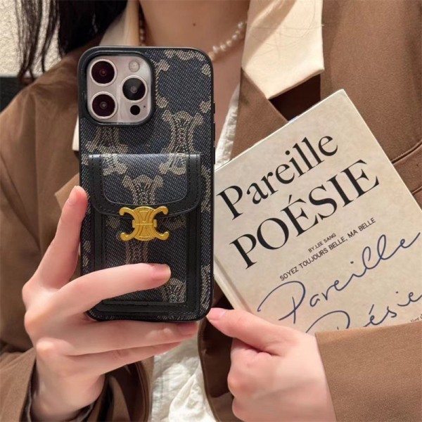 CELINE セリーヌブランドiphone 16 17 pro 15 plus 16 pro maxケースiphone 17Pro/16/14 pro/15 pro max 16 plus カバー ストラップ付 カード入れセレブ愛用全機種対応ハイブランドケース パロディiphone17 air 16 15 14/13 pro max スマホケース コピー