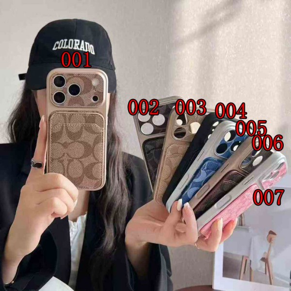 Coach コーチブランドiphone 16 17 pro 15 plus 16 pro maxケースiphone 17Pro/16/14 pro/15 pro max 16 plus カバー ストラップ付 カード入れiphone16 17 pro air 14 15 16 plusケースカバースタンド付きセレブ愛用全機種対応ハイブランドケース パロディ