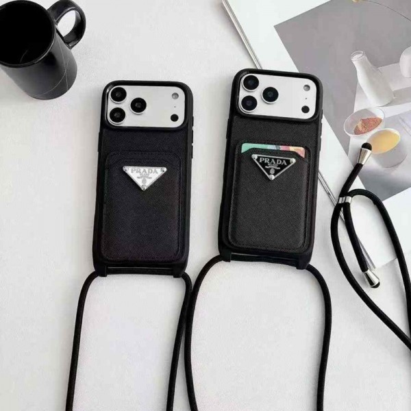 Prada プラダハイブランド アイフォン16 plus15 14+ 16 17pro max カバーレディースメンズ激安iphone 17Pro/16/14 pro/15 pro max 16 plus カバー ストラップ付 カード入れセレブ愛用全機種対応ハイブランドケース パロディiphone17 air 16 15 14/13 pro max スマホケース コピー