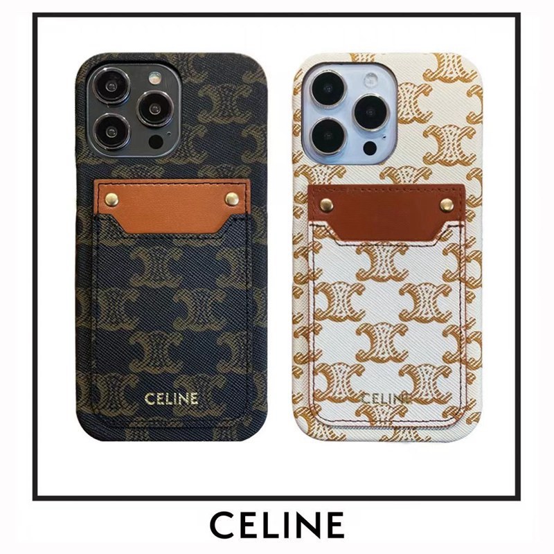 CELINE セリーヌiphone 15/14 pro/15 pro max xs/8/7 plusカバー ストラップ付 カード入れiphone 14 15 plusケース